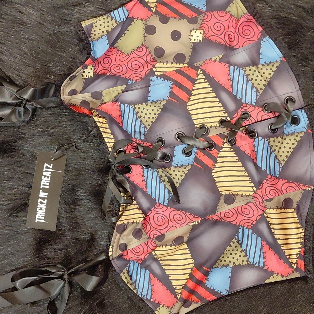 DOLLSKILL TRICKZ N TREATZ 1X MIXMATCHED DOLL CORSET TOP UNIQUE PATCHWORK PATTERN
